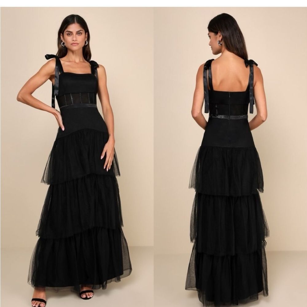 LULUS NWT Mystique Black Tulle Tie-Strap Tiered Maxi Dress Formal XXS